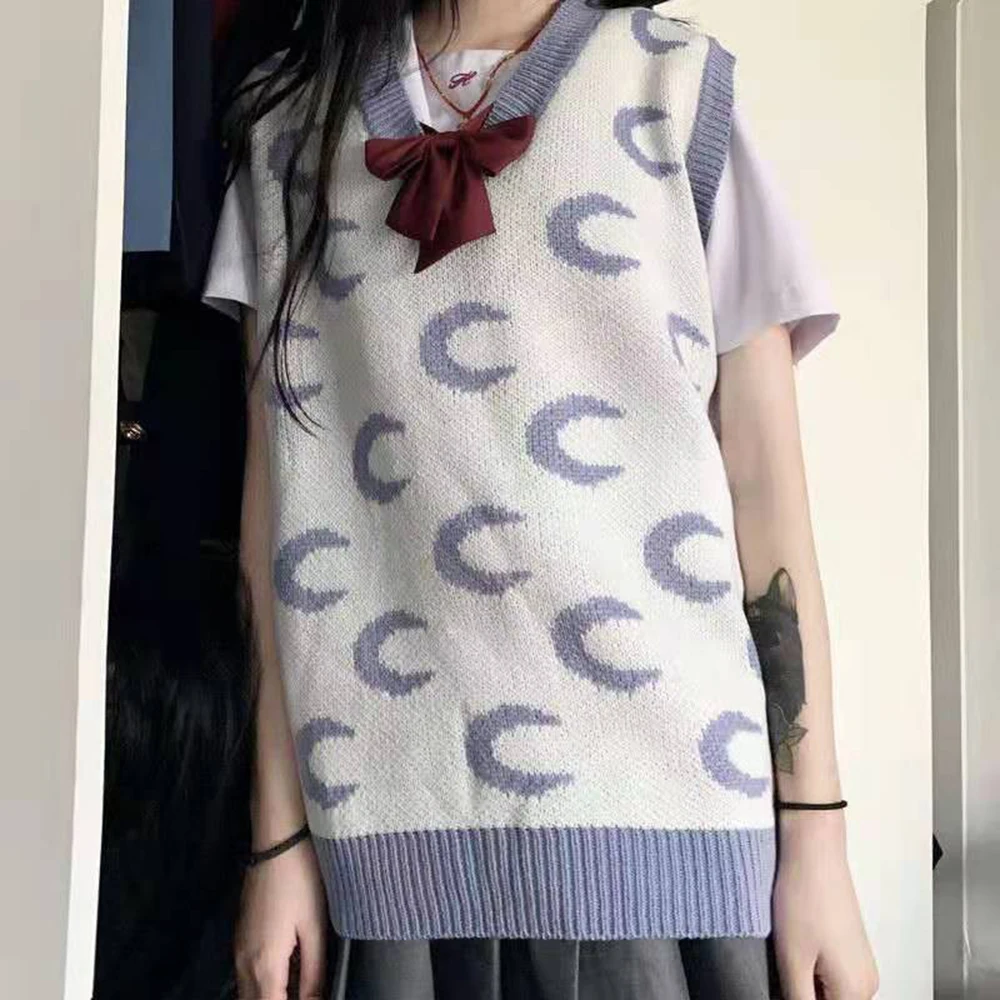 

Preppy Style Print Sleeveless Sweater Vest Women Autumn V Neck Harajuku Knitted Jumpers Ladies Vintage Fashion Winter