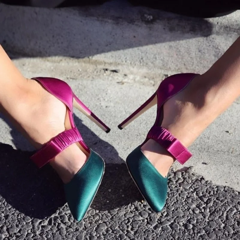 

New Arrivals Mary Jane Heels Bow Stiletto Heel Pumps Fuchisa and Dark Green Satin Patchwork Dress Shoes Pointed Toe Party Shoes