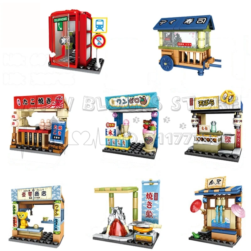 Japanese-style Mini Street View Series Sushi Bar Takoyaki Dorayaki Shop Grocery Store Creative DIY Building Blocks Toys For Kids | Игрушки и