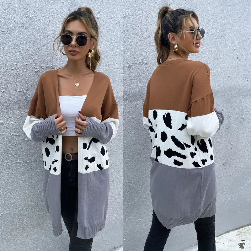 

Women's 2021 Autumn New Long Leopard Stitched Cardigan Knitted Sweater Jacket Women Fashion Tops Knitted Sweater Cardigan