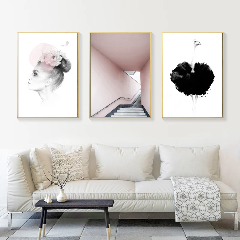 Креативная розовая лестница строительный персонаж Страус холст печать картина