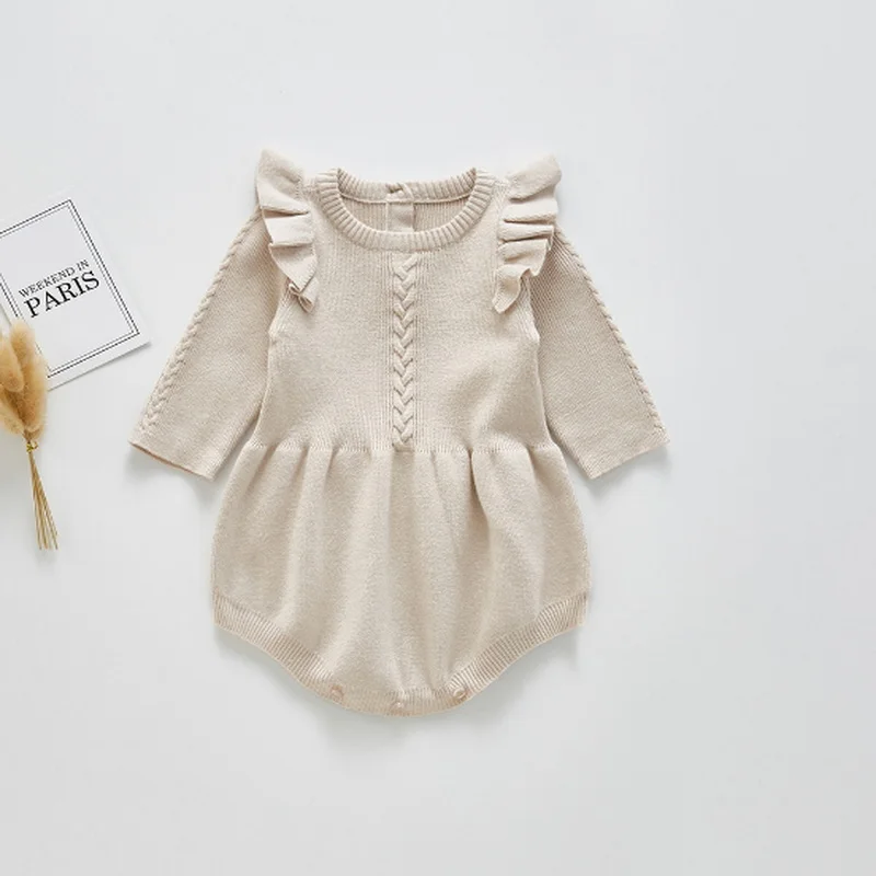 2021 nuevo oto&ntilde;o Body para beb&eacute; manga larga acampanada de cuello redondo lana de Color s&oacute;lido mono ni&ntilde;os ropa de 0-2 a&ntilde;os E336-4