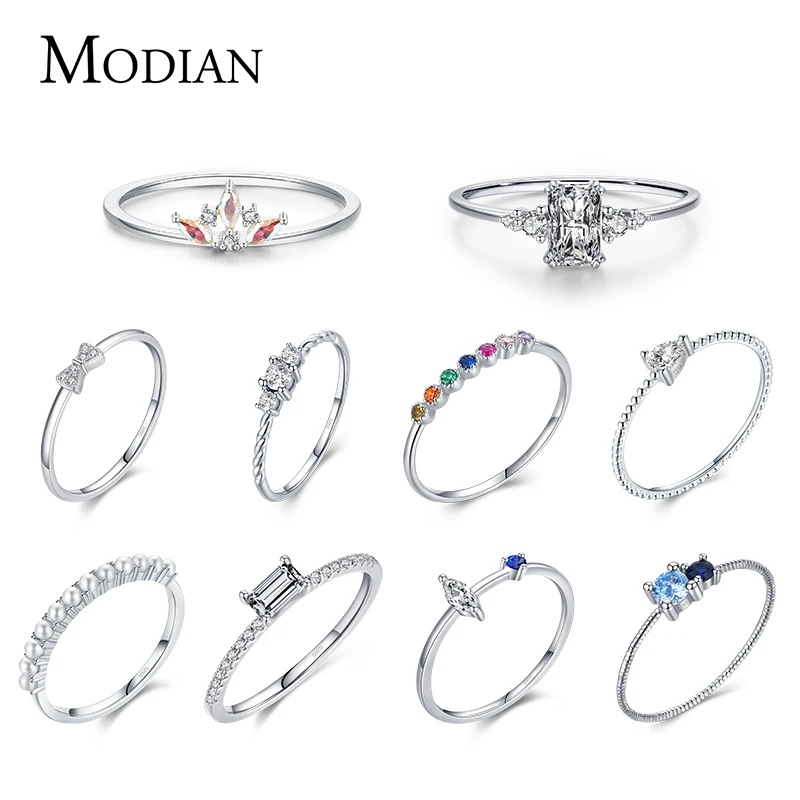 

MODIAN 925 Sterling Silver Crown Bubble Pearl Rainbow Stackable Rings For Women Dazzling Clear CZ Wedding Engagement Jewelry