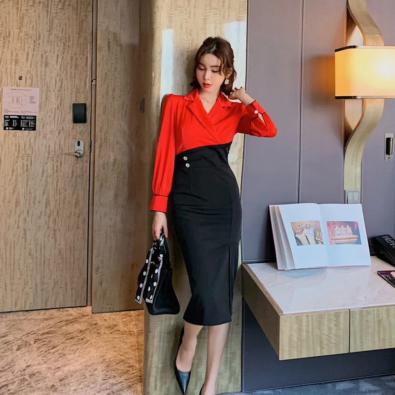 

Новинка Осень-зима 2020, контрастный лоскутный корсет с разрезом, облегающее офисное платье миди с запахом для офиса, модное женское платье