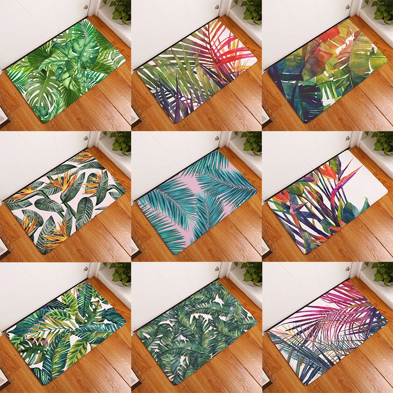 

Palm Leaf Print Decorative Entrance Doormat Anti Slip Bathroom Rug Absorbent Kitchen Carpet Tropical Style Home Decor Mat