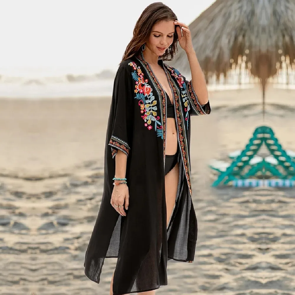 

2021 Black Indie Folk Embroidered Plus Size Summer Beach Wear Kimono Cardigan Women Cotton Tops and Blouse Shirts Sarongs N940