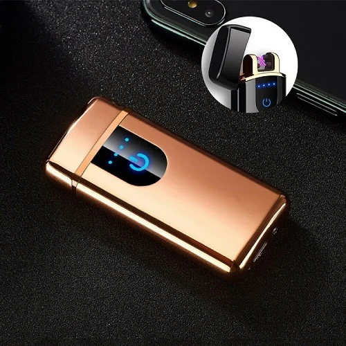 Золотой Smart Touch сенсор USB перезаряжаемая двойная дуга беспламенная плазменная электрическая зажигалка датчик отпечатков пальцев Светодиодный дисплей питания - Цвет: Золотой