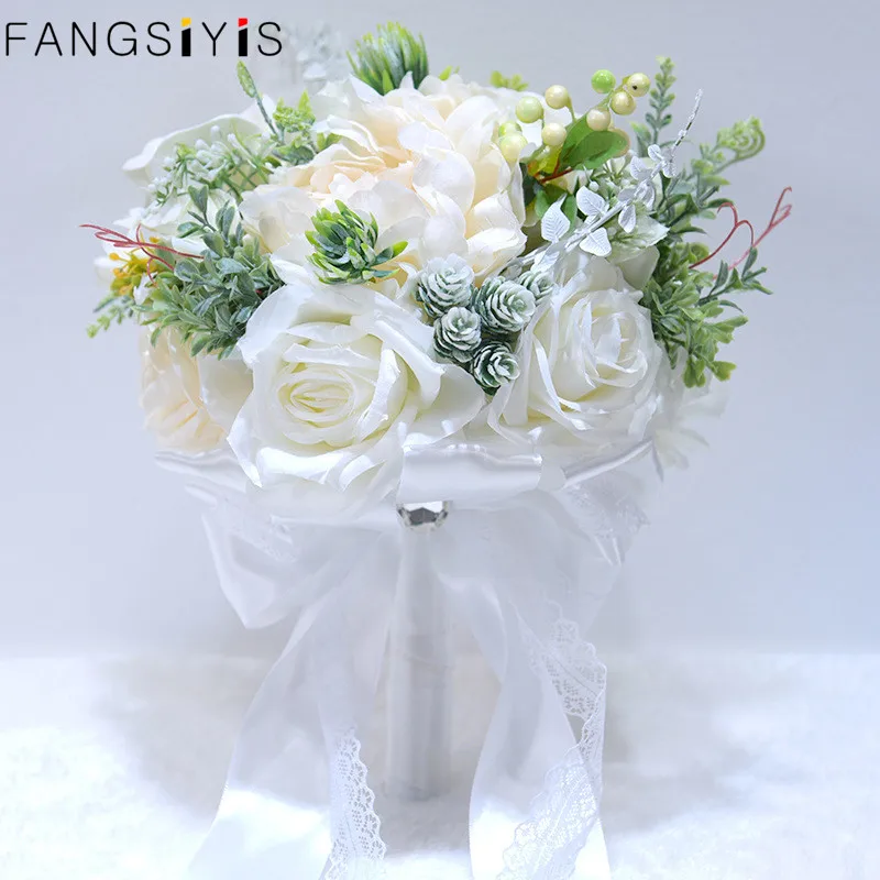 

custom made Wedding Bouquet Crystal Silk Roses Bridal Wedding Hand Bouquet Bridesmaid Holding Artificial Fake Flowers