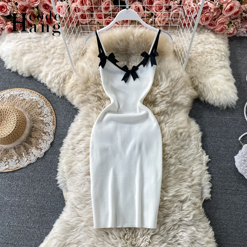 

HangCode Chic Bow Spaghetti Strap Dress 2021 New Summer Basic White Black Knitted Sheath Bodycon Dress Slim Stretchy Short Dress