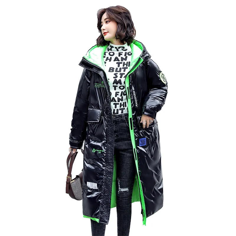 

Winter X-long Printing Hooded Bright Wadded Parkas Female Thick Puffer Jacket Women Korean Down Cotton Padded Glossy Coat Ladies