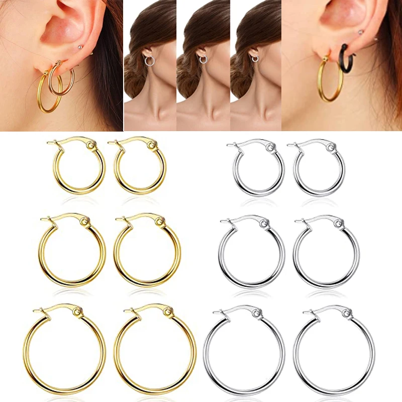 

3 pairs/6 pairs Stainless Steel Round Small Ring Earrings Set Non-Allergic Earrings Unisex Black Steel Color Gold Sean