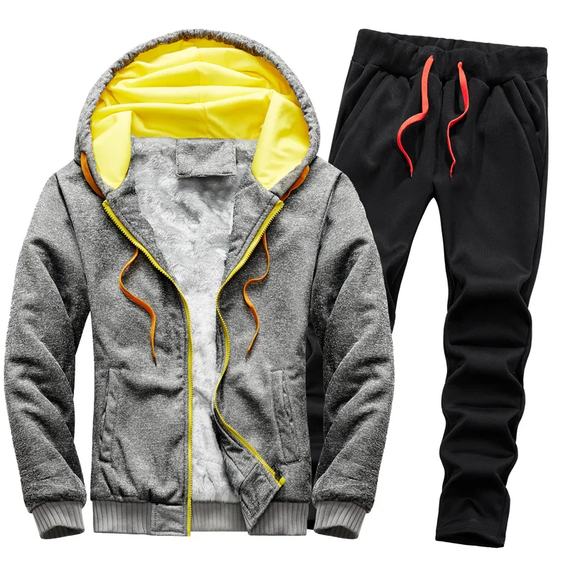 

2021 Winter Men's Thick Plus Pheashed Warm Sweater Set Solid Color Sportswear European and American Amazon Cross-border