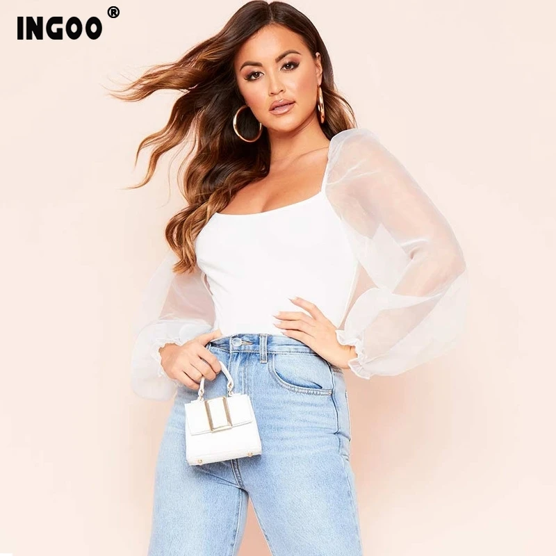 INGOO элегантная сетчатая пышная женская рубашка с длинным рукавом 2020 Весенняя