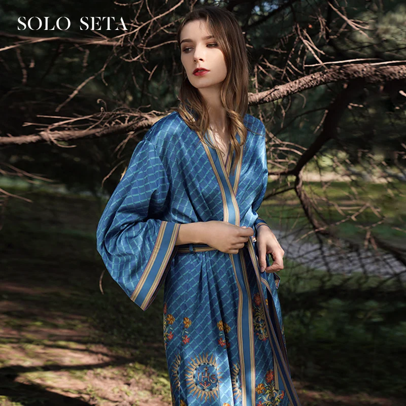 

★Soloseta22 real silk nightgown women's medium length morning gown home wear 100% mulberry silk advanced new style