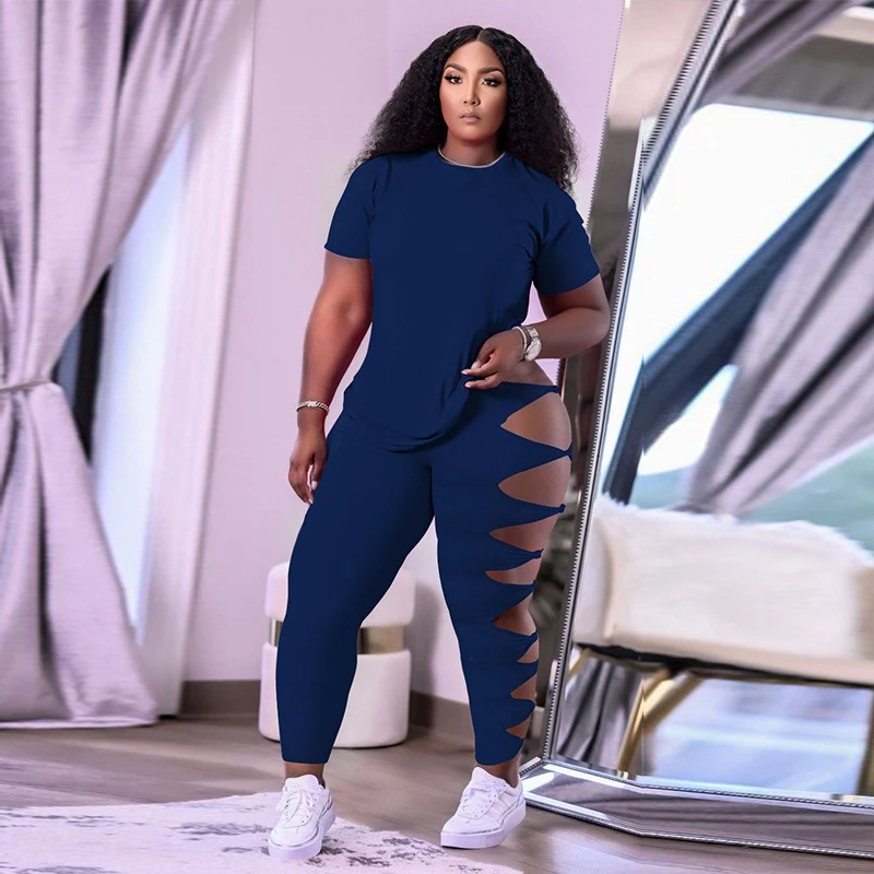 

Plus Size 2 Piece Set Short Sleeve T Shirt Tops Cut Out Fitness Pants for Women Summer Tracksuit Sexy Club Matching Sets