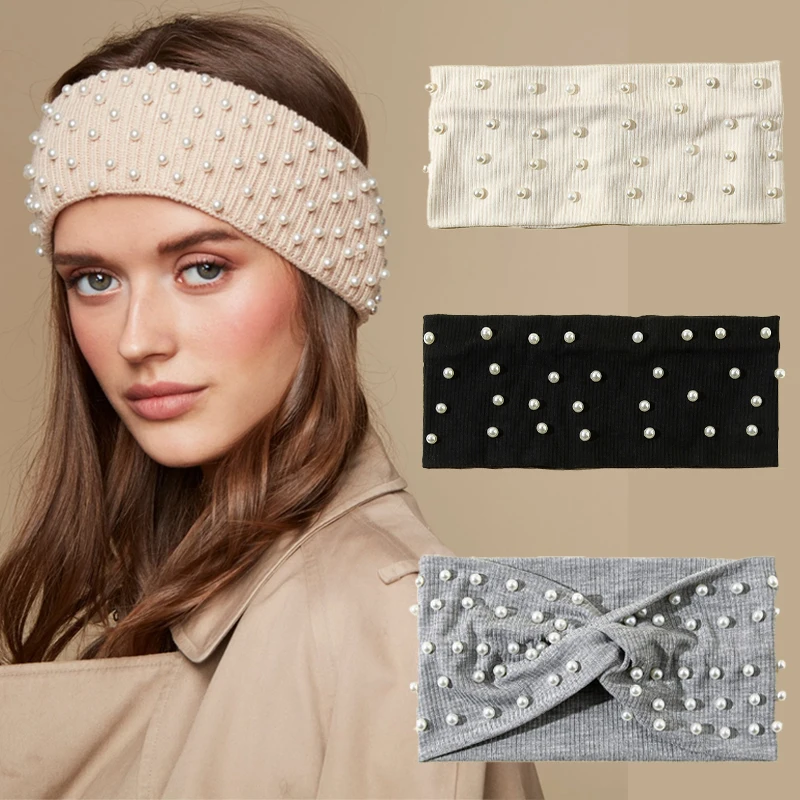 

Women Headband Pearls Head Wrap Knit Cross Turban Bandana Autumn Winter Elastic Knotted Headband Headwear Warm Hair Accessories