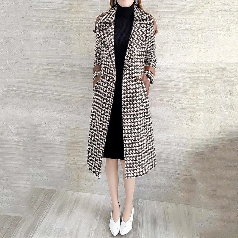 

Woolen coat women's medium and long autumn and winter clothes 2021 new Korean slim thousand bird lattice wool coat