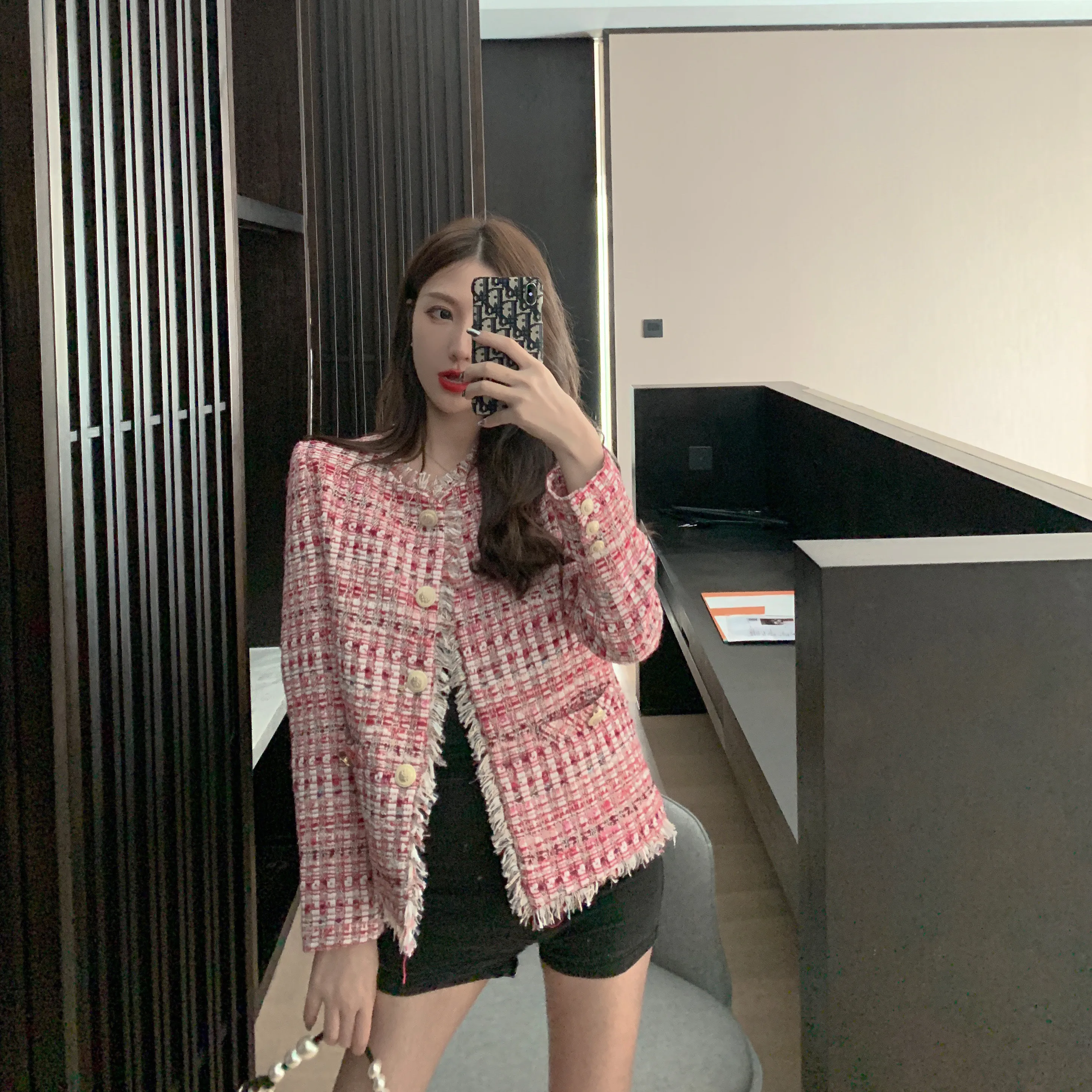 2019 осень зима маленький ароматный розовый твидовый в клетку куртка пальто