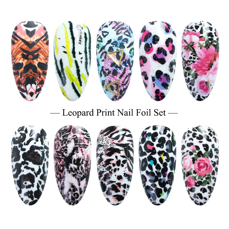 10 рулонов/коробка наклейки из фольги для ногтей леопардовый узор переводные