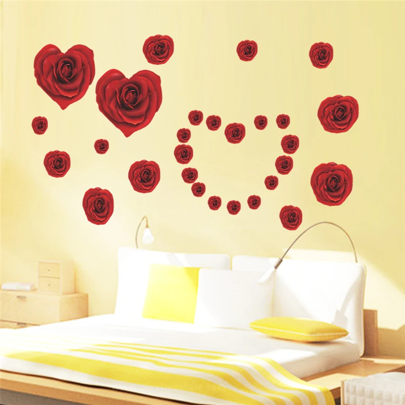 

Romantic Red Rose Flowers Wall Stickers For Girls Room Decoration Diy Plant Mural Art Home Decals Poster Vanlentine Gift