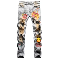 high quality mens slim fit straight leg printed vintage jeans casual personality young men hip hop print flame denim pants