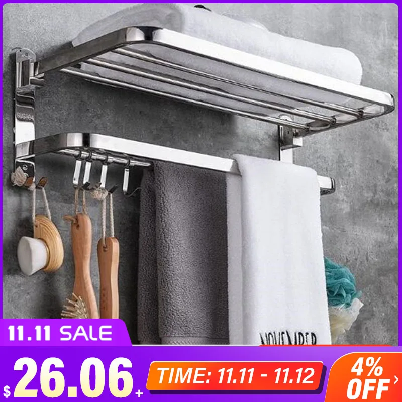 

2 Tier Foldable Stainless Steel Bathroom Towel Rack Storage Holder Wall Hanger Polished Toilet Towel Clothes Shelf toallero baño