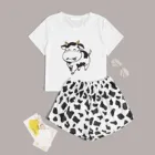 Женский пижамный комплект, короткий комплект с принтом, милый женский пижамный комплект пижамы с изображением коровы и шорты, летняя Пижама  T2G, футболки с коротким рукавом