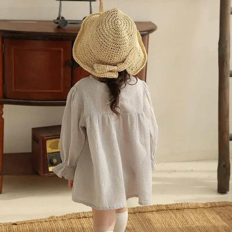 

2021 Spring Girls Cotton Linen Blouses Vintage Long Sleeve Tops Korean Style Children Clothes Kids Embroidery Princess Shirts