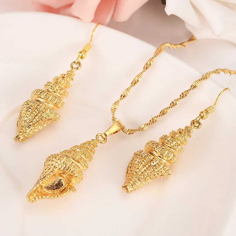 

Gold Color Conch Earrings Pendant Necklace Elegant Jewerly Set For Women High Quality Dubai Arab African Jewelry