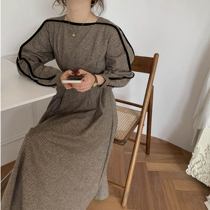 

New 2021 Spring French Retro Women Dresses Elegant Long Slash Neck Plaid Party Boho Dress High Waist Chic One Piece Dress Lady