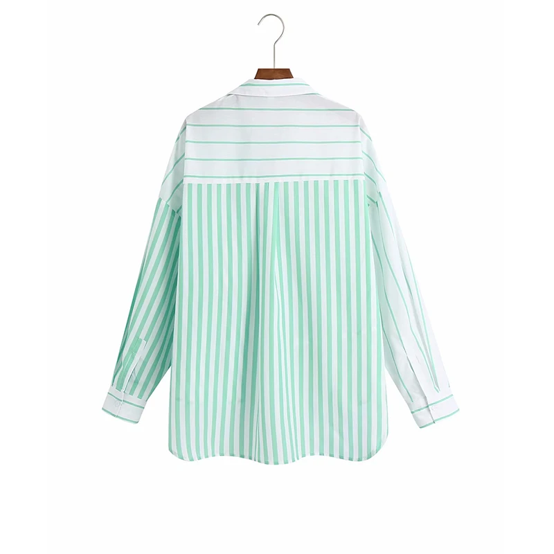 

ZA Summer Women Casual Blouse New Long Sleeve Mixed Colors Striped Shirt Female Loose Thin Top Single Breasted Pocket Blouse