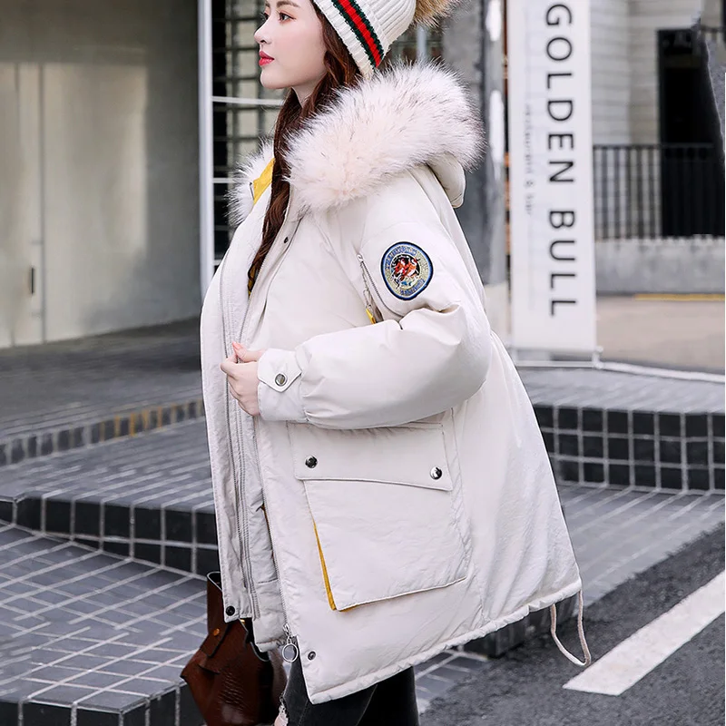 

2019 New autumn Winter Women Large size Fur collar hooded Coat Female Big pocket Parkas Warm Cotton Jacket cc1349