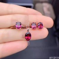 fine jewelry 925 pure silver inset with natural gem womens luxury fashion oval pyrope garnet pendant ring earring set support d