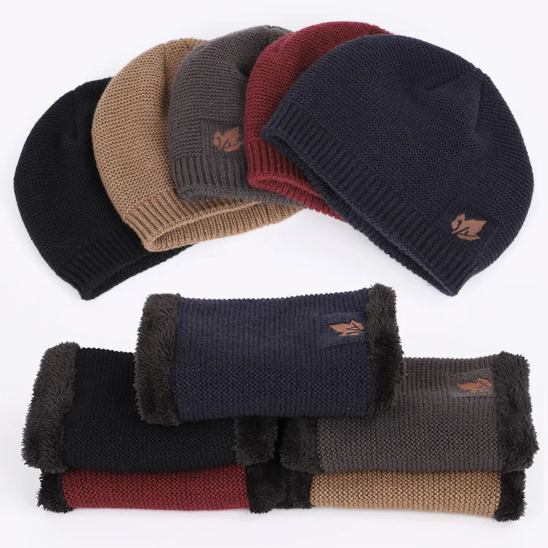 

NEW style Maple leaf Skullies Beanie scarf set Adult Men Winter Hat Knit soft Plus velvet Warm hat dropshipping wholesale T15