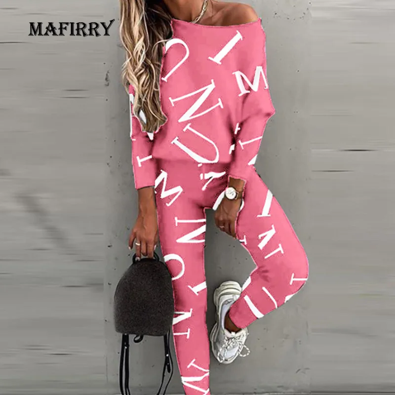 

Женский Повседневный костюм из двух предметов, элегантный комплект из топа с длинным рукавом, круглым вырезом и длинных брюк с надписью, ули...