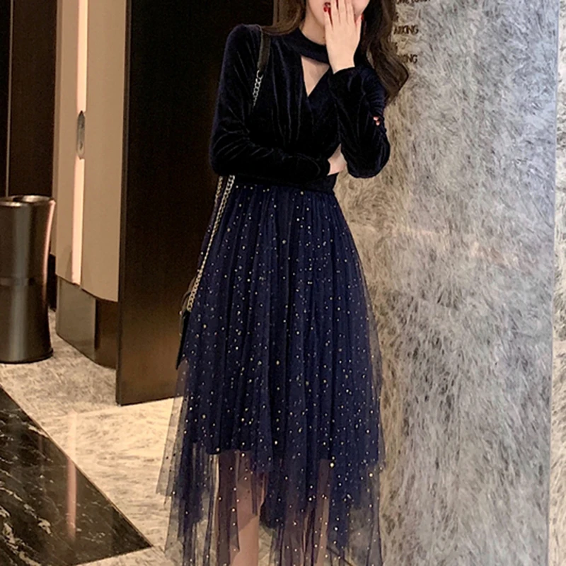 VSUE женское черное темно-синее бархатное лоскутное Сетчатое вечернее платье с