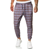2021 european and american spring and autumn mens mid waist and small footed sweatpants simple plaid casual pants tie up pants