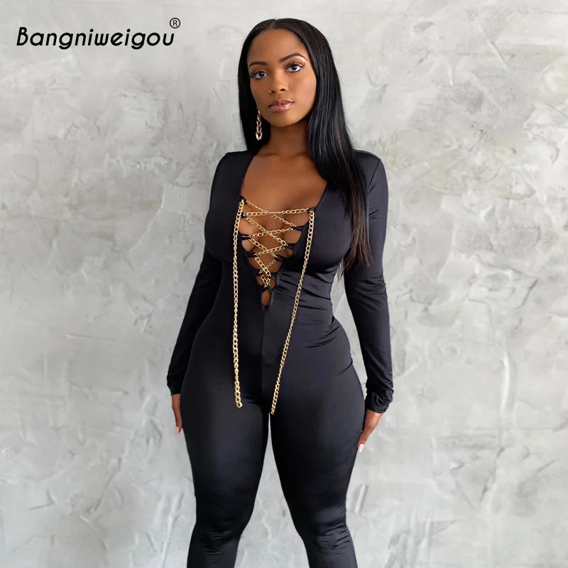 

Bangniweigou Fitness Skinny Black Jumpsuit Metal Ribbon Lace Up Low Cut V Neck Jumpsuits for Women