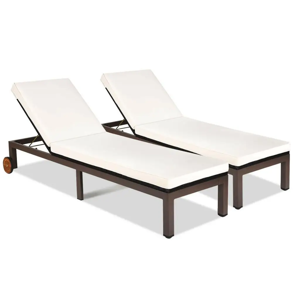 

2PCS Patio Rattan Lounge Chair Chaise Recliner Back Adjustable Cushioned W/Wheels 2*HW63222