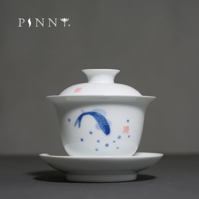 PINNY 130 мл ручная роспись карпа белый фарфор Gaiwan работа - Цена: 1 338,31 руб.