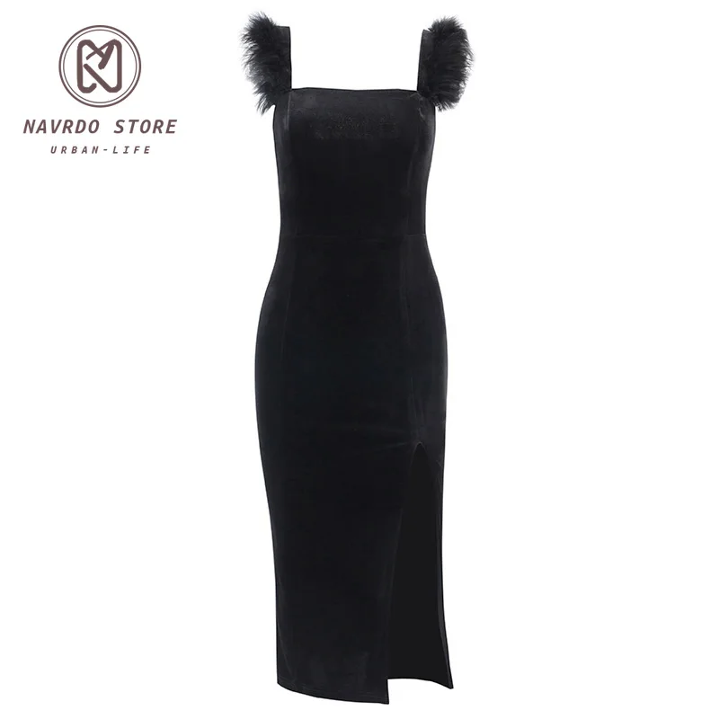 

NAVRDO Elegant Ostrich Feather Velvet Ladies Dress Sleeveless Split Slim Party Backless Sexy Summer Chic Feather Dresses