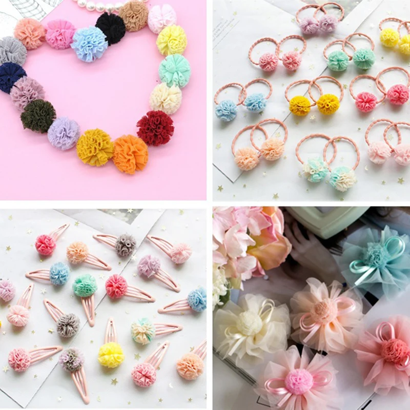 

5 Pcs 40 mm Color Lace Ball DIY Gauze Elastic Flower Pompoms Craft Plush Mesh Pendant For Head Hair Wedding Dress Sew Accessory