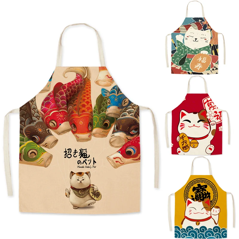 

Cat Kitchen Aprons for Women Cotton Linen Bibs Household Cleaning Pinafore Home Cooking Apron 75x65cm 56x45cm