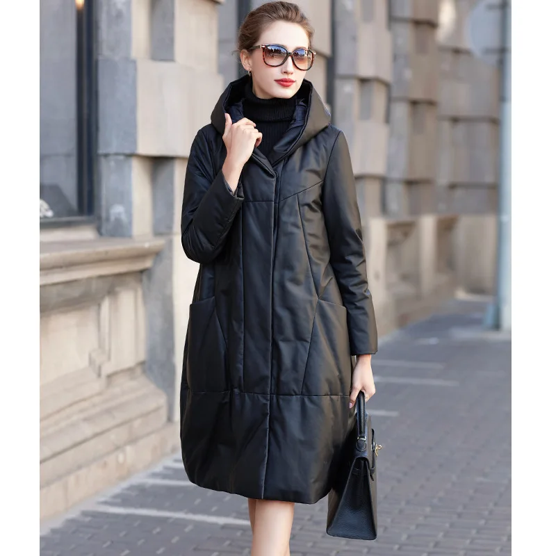 Genuine Leather Down Jacket Women's Brand Long Sheepskin Hooded Leather Outerwear Casual Medium Length Black Leather Coat