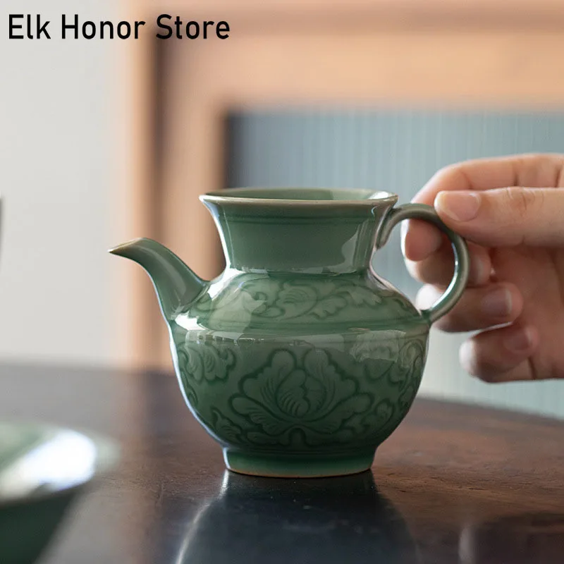 

200ml Retro Yue Kiln Celadon Tea Pitcher Handmade Relief Tangled Lotus Ceramic Justice Cup Chahai Household Kung Fu Tea Ceremony