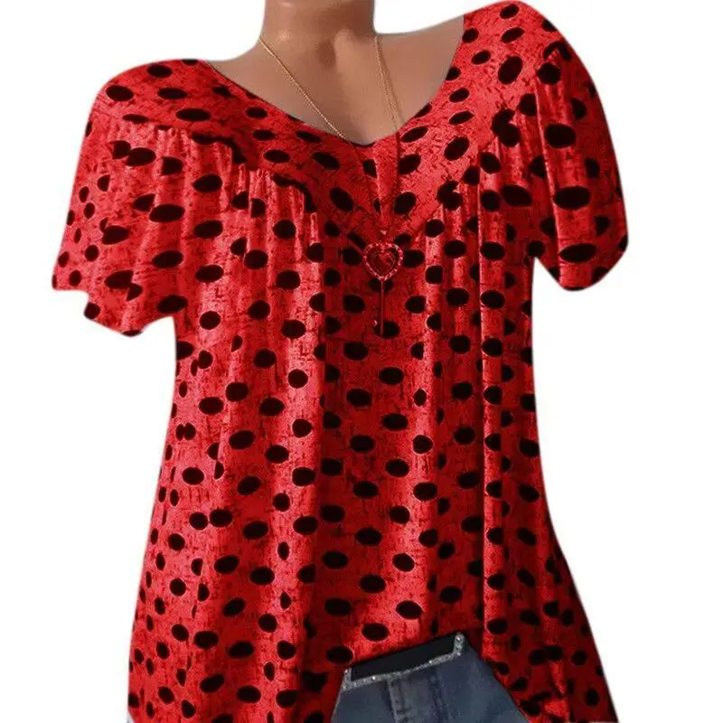 

Spring Autumn Comfortable Dot Printed Women Plus Size Loose Blouse Casual Short Sleeve Tunic Shirt Tops