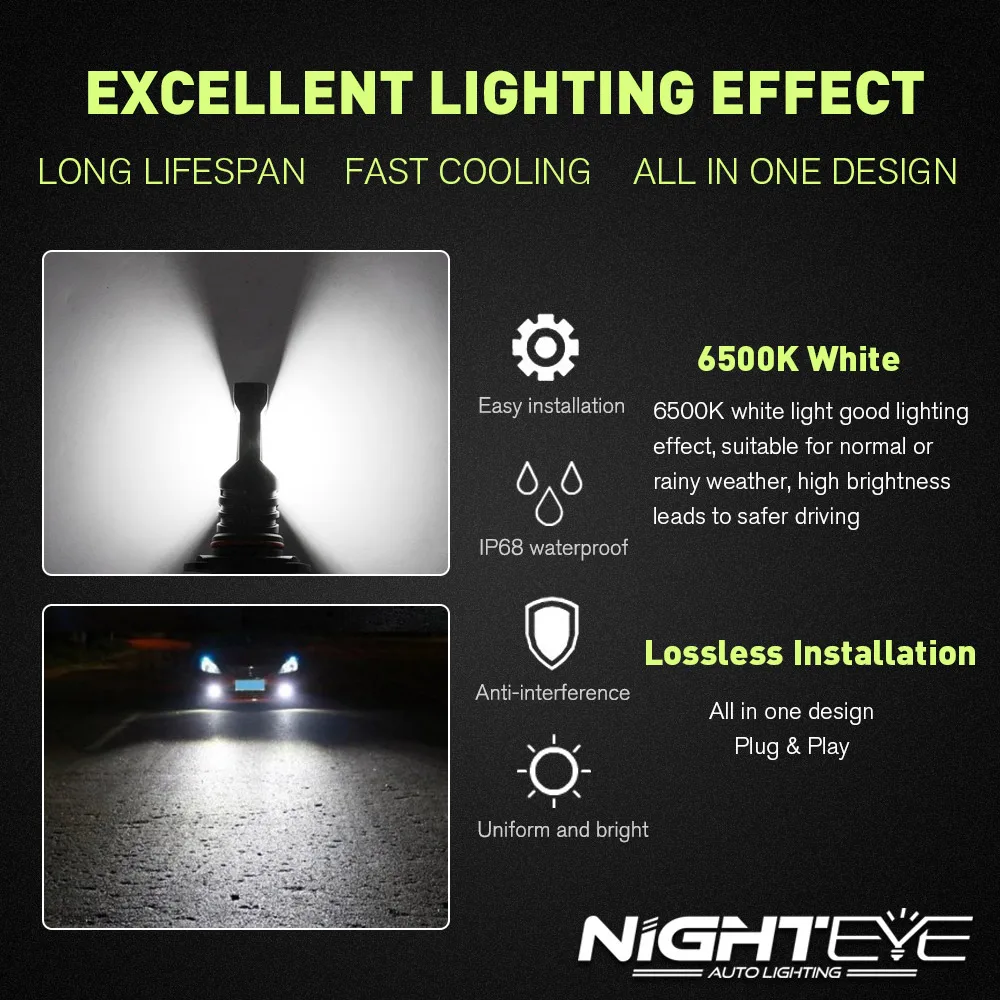 NIGHTEYE Car Fog Lights led Daytime Running Light H7 LED Bulbs H11 H8 High 9005 HB3 9006 HB4 Power COB 1600LM White Lamp 2Pcs | Автомобили