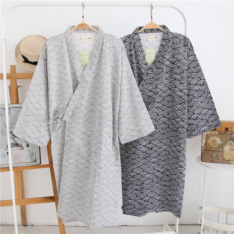 

100% Cotton Yukata Pyjamas Men's Bathrobe Japanese Kimono Cardigan Loose Pattern Pajamas Thin Summer Long Homewear Nightgown