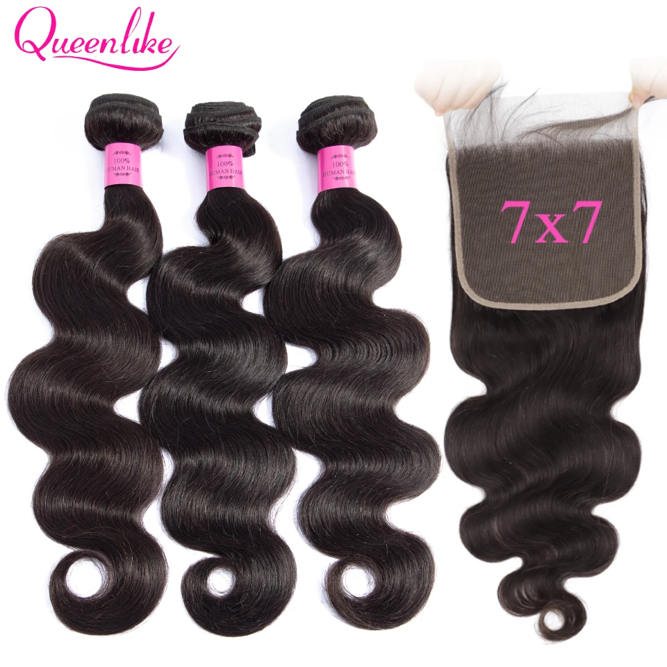 7x7 кружевные застежки с пряди Queenlike Remy волосы тканые Большие размеры 3 4