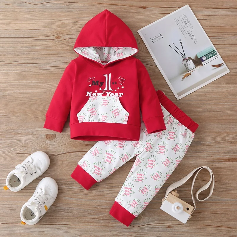 

Winter Happy New Year Baby Boy Clothes Set 2 Pcs Cotton Patchwork Letter Long Sleeve Hoodies Sweater Tops+print Trousers 0-18M